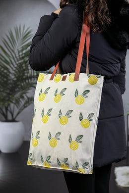 Lemon Print Linen Tote Bag